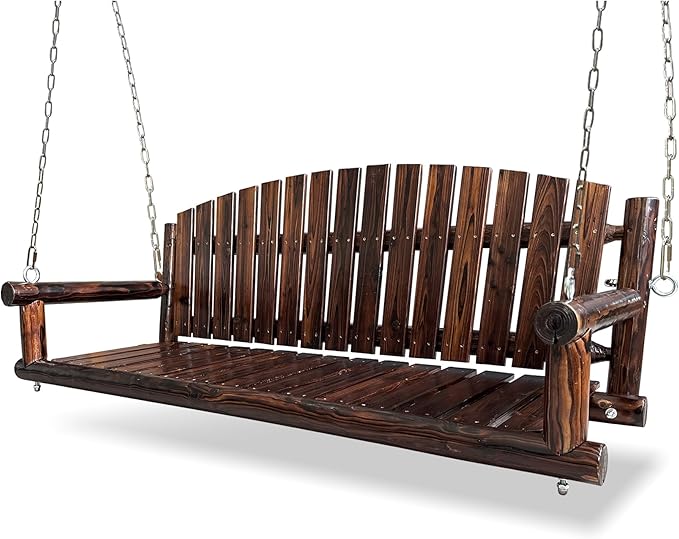 5FT Rustic Log Wooden Porch Swing, Heavy-Duty 900 LBS, Outdoor Hanging Bench for Patio, Garden, Yard – Solid Fir Wood, Handcrafted, Weather-Resistant Finish (Rustic, 5-feet)