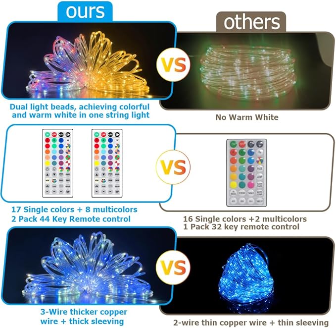 200ft Outdoor Rope Light, IP68 Waterproof 25 Color Changing String Lights with 149 Modes, Warm White & RGB LED Multicolor Twinkle Fairy Tube Lights for Indoor & Outside Railing, Balcony, Patio Decor