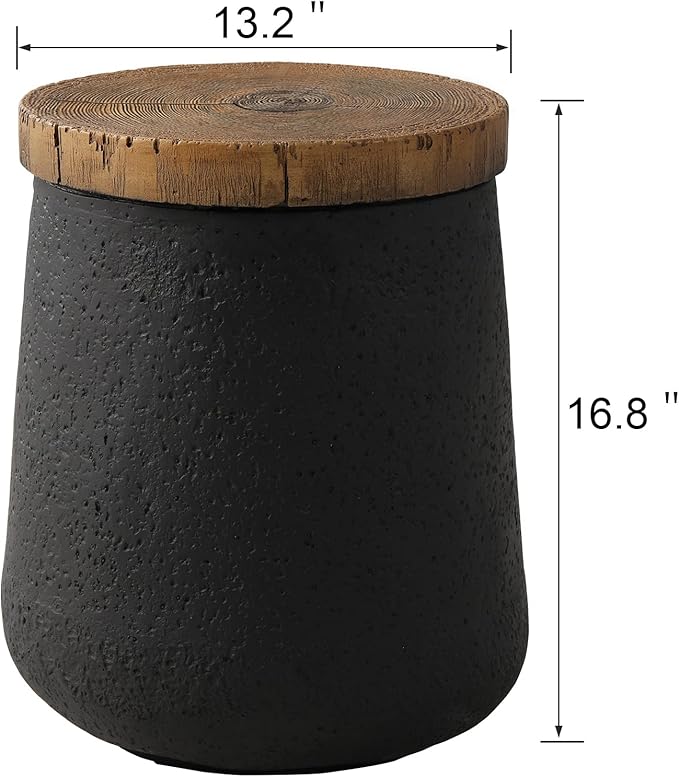 SUNBURY Outdoor Side Table, 13" W Black Outdoor End Tables Set of 2, Patio Accent Side Table, Concrete Garden Stool Wooden-Look Top for Livingroom, Garden, Backyard