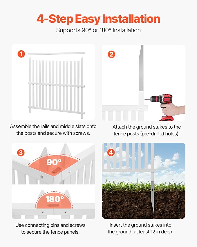 VEVOR 3 Panels Outdoor Privacy Screen, 36 x 45 in Air Conditioner Fence with 19.7 in Ground Stakes, Pool Equipment Enclosure, Strip Vinyl Privacy Fence, Ideal for Trash Can and A/C Units, White