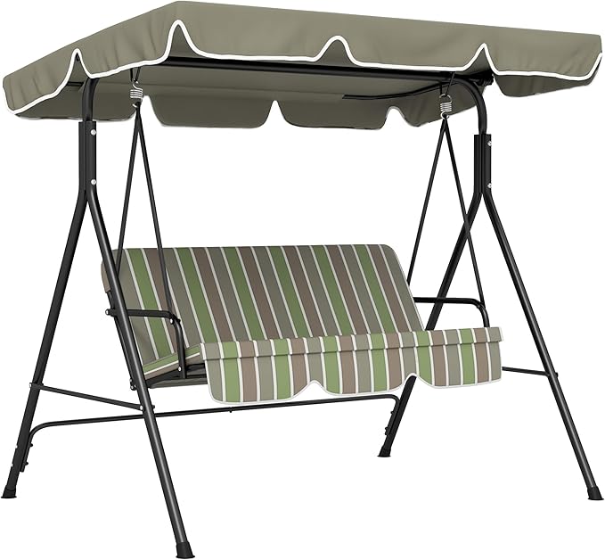 Outsunny 3-Seat Outdoor Patio Swing Chair with Removable Cushion, Steel Frame Stand and Adjustable Tilt Canopy for Patio, Garden, Poolside, Balcony, Backyard, Beige & Green
