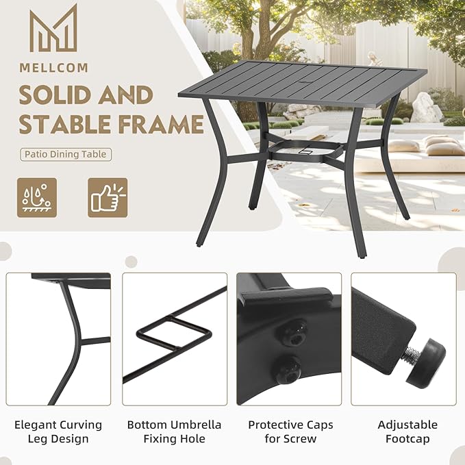 MELLCOM 5-Piece Outdoor Dining Set, 4 Swivel Rocker Chairs with High Back Textilene & Square Metal Dining Table with Umbrella Hole, Patio Furniture Set for Porch, Backyard, Deck, Brown