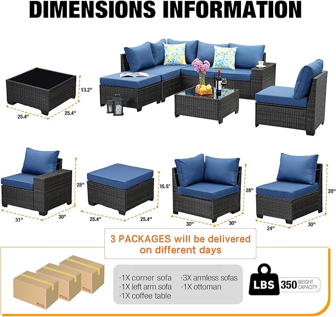 7 Pieces Patio Furniture Set All-Weather Outdoor Wicker Sectional Conversation Sofa Rattan Patio Seating Sofa with Cushion and Glass Table and Ottoman for Porch Poolside,Navy