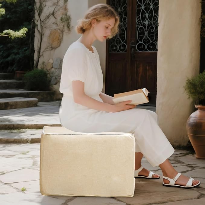 Outdoor Ottoman 20x20x14 Inches Outdoor Square Ottomans for Patio Modern Lightweight Foam Stuffed Pouf Outdoor Footstool Footrest (Linen)