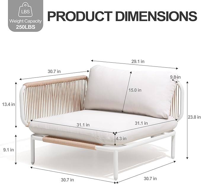 4 Piece Modern Outdoor Sectional Sofa, 31" Oversized Patio Furniture Set with Olefin Woven Rope, Weather-Resistant Metal Frame and Removable Cushion, Beige