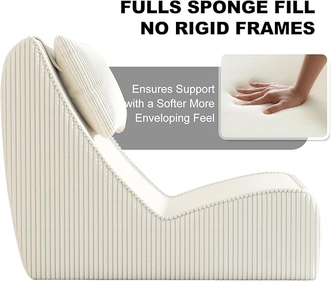 Giant Bean Bag Chair for Adults,Corduroy Chaise Lounge with Unrivaled Back Support, Detachable Neck Pillow, Comfortable Ottoman & Washable Cover for Living Room, Bedroom, Garden(White)
