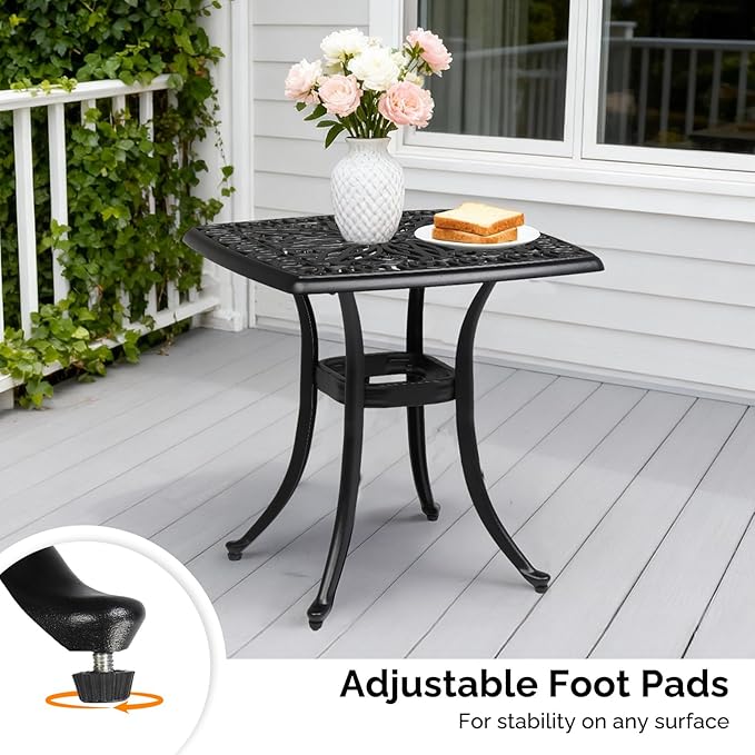 VINGLI 21” Outdoor Side Table, Cast Aluminum All-Weather Patio Side Table Small Outdoor Table Bistro Table for Outside, Porch, Balcony, Patio (Black)