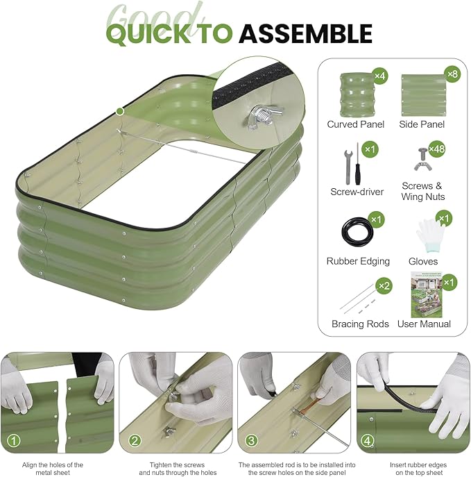 G GOOD GAIN 3-in-1 Adjustable Raised Garden Bed Kit | Galvanized Planter Boxes for Vegetables, Flowers | 12" Tall, Multiple Sizes (4x2x1ft, 3x3x1ft, 5x1x1ft) | Outdoor Metal Raised Bed, Green