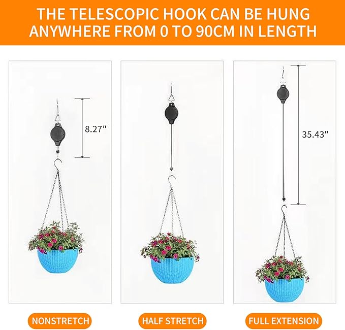 6PCS Retractable Hanging Plant Pulley Hook - Adjustable for Flower Baskets, Plant Pots, Bird Feeders（6PCS Black）