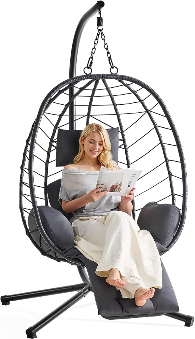 ONBRILL Hanging Egg Chair with Adjustable Footrest & Stand, Wicker Rattan Swing Hammock Chair with Cushion & Double Chains, 350LBS Capacity for Outdoor & Indoor Patio, Deck, Bedroom, Balcony (BL-GR)