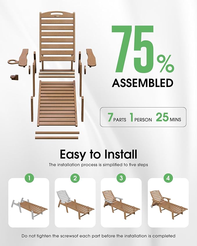 Chaise Lounge Outdoor, Lounge Chair Outdoor with Wood Texture, Adjustable 5-Position Backrest, HDPE Lounge Chair with Wheels & Cup Holder for Pool Deck Backyard, Teak