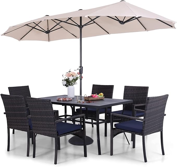 Sophia & William Patio Outdoor Table and Chairs Set with Umbrella Beige, Patio Dining Sets for 6, 7 Pieces Patio Table Set for Backyard Deck Porch Outside, Metal Table with Cushioned Rattan Chairs