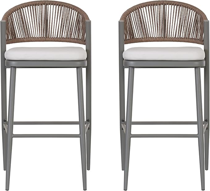 Christopher Knight Home Hearth 30.25" H Patio Barstools Set of 2, Woven Wicker Counter Stool, PE Rattan Scallop-Shaped Backrest Bar Chair, Metal Frame Barstool for Backyard Balcony Garden, Gray