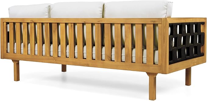 Christopher Knight Home Rosie Acacia Wood Outdoor Daybed Sofa with Water-Resistant Cushion, Solid Wood Patio 3 Seater Sofa Couch, Patio Garden Lounge Sofa with Woven Rope Accent, Black+Teak+Light Gray