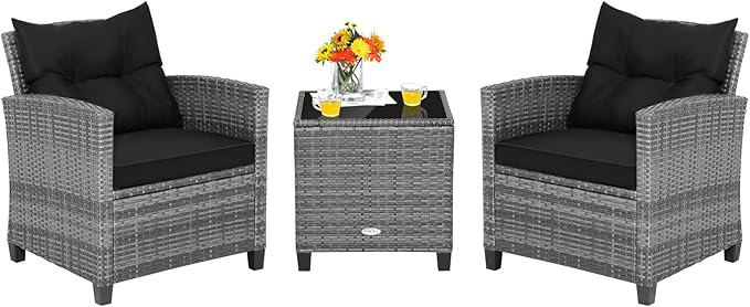 Tangkula 3 Pieces Patio Furniture Set, Outdoor PE Rattan Conversation Chair Set with Tempered Glass Side Table and Removable Cushions, PE Wicker Chairs and Table Set for Porch, Balcony and Garden