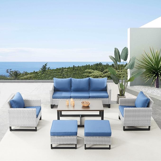 Belord 6 Piece Outdoor Furniture Patio Wicker Sofa Set, Oversize Outdoor Dining Chairs with Rattan Ottomans, Conversation Sets Patio Furniture Come with Removable Cushion Blue, Light Grey