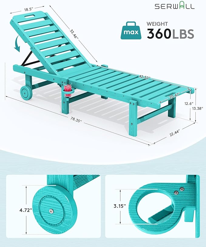 SERWALL Patio Chaise Lounge Chair, HDPE Outdoor Lounge Chair with Cup Holder, 5 Positions Adjustable Poly Lounger with Rolling Wheels for Poolside, Deck, Sunbathing, Aruba