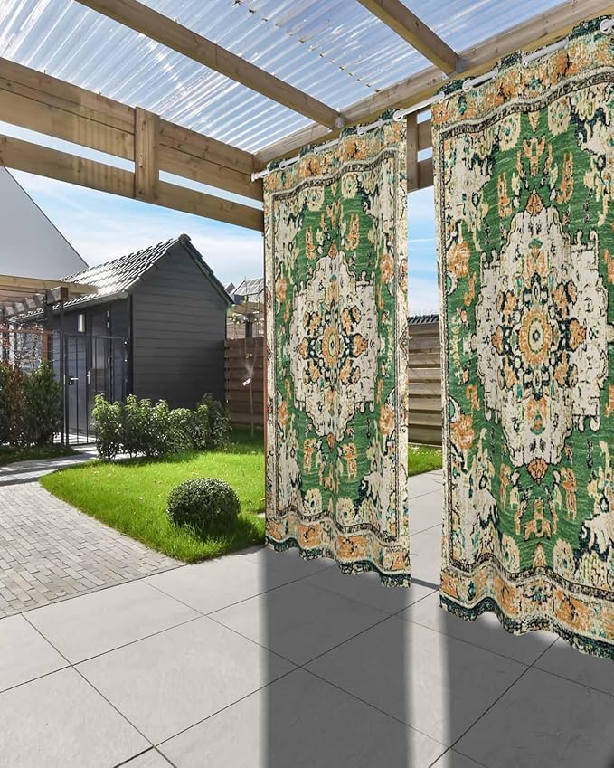 Ombre Green Boho Outdoor Curtains for Patio Waterproof, Grommet Privacy Curtain Drapes Weatherproof Outside Curtains for Porch GazeboPergola Cabana 2 Panel 54x108inch Vintage Ethnic Tribal Geometric