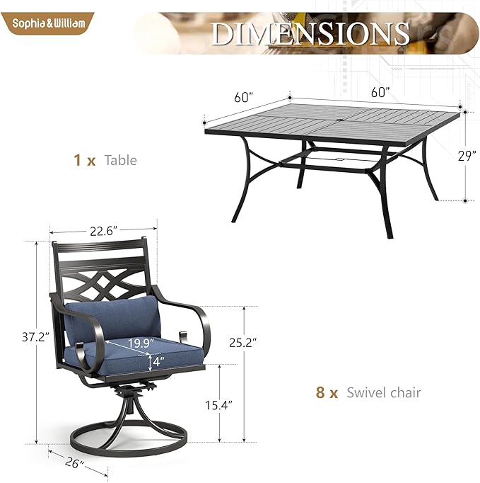 Sophia and William Swivel Outdoor Patio Dining Set for 8, Outdoor Table and Chairs, Removable Seat Cushions, Black 37" Patio Dining Table,Blue