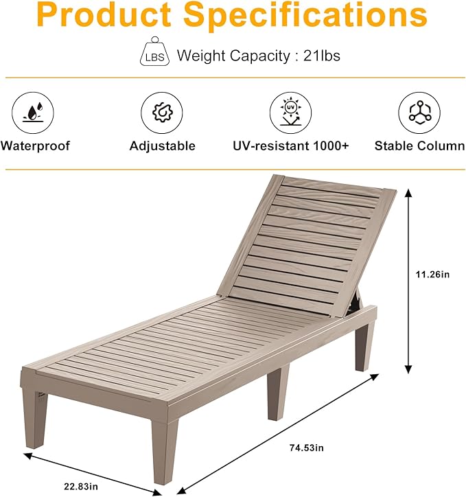 ROJIK Outdoor Chaise Lounge Chair with 5-Position Adjustable Backrest,Waterproof & Lightweight | Durable Indoor/Outdoor Patio Lounger Chair for Garden Pool Beach,(Single, Grey)