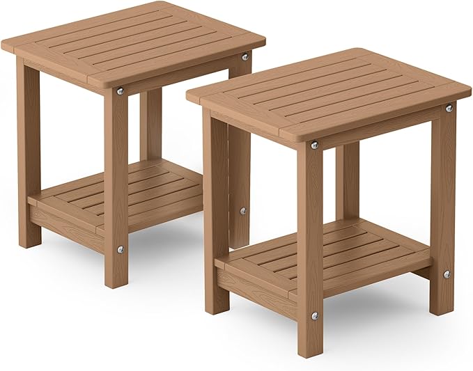 YEFU Outdoor Side Table for Patio: 16" HIPS Weather - Resistant Adirondack Tables Set of 2 - Small Square End Tables for Backyard Pool Porch Balcony - Indoor Outdoor Double Layer Table Teak