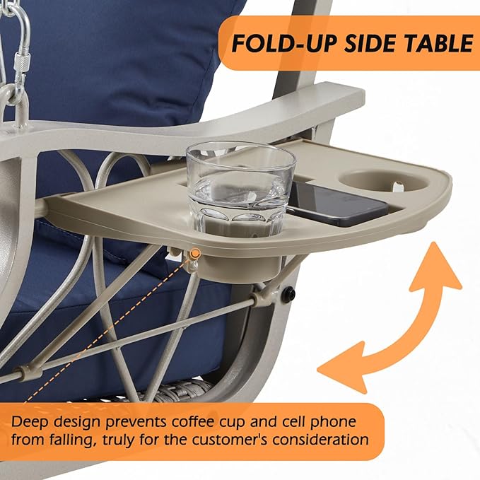 Heavy Duty 900 LBS Porch Swing Chair 3-Person Outdoor Rattan Patio Swing Lounge w/Cup-Holder & Steel Chains Wicker Hanging Bench Porch Swing Cushions for Deck & Backyard & Garden