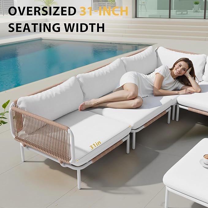 4 Piece Modern Outdoor Sectional Sofa, 31" Oversized Patio Furniture Set with Olefin Woven Rope, Weather-Resistant Metal Frame and Removable Cushion, Beige