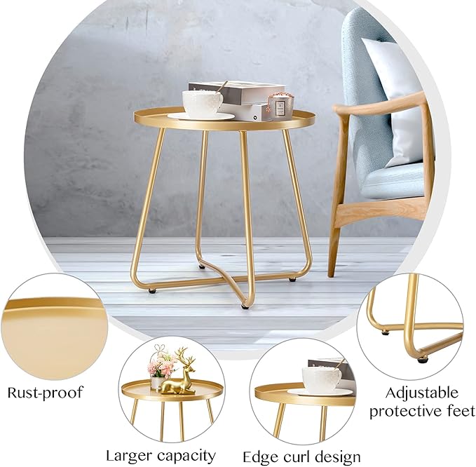 danpinera Outdoor Side Tables, Weather Resistant Steel Patio Side Table, Small Round Outdoor End Table Metal Side Table for Patio Yard Balcony Garden Bedside (Gold)