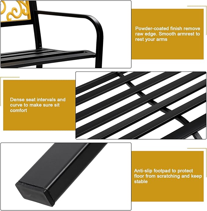 VINGLI Outdoor Bench for Patio Metal Garden Bench w/PVC Back Pattern, Black Park Benches Front Porch Benches for Yard Lawn Decor Deck Entryway (Yellow&Black)