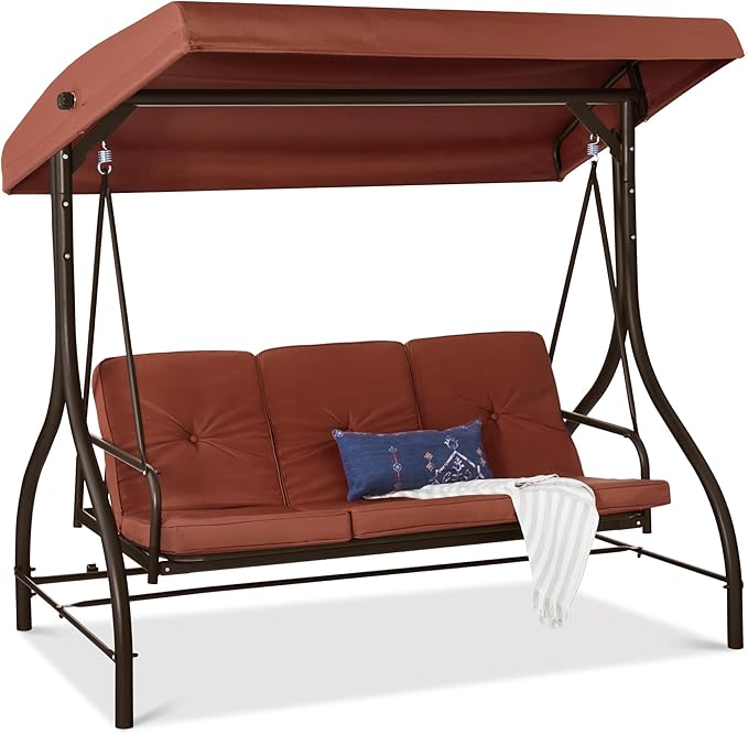 Best Choice Products 3-Seat Outdoor Large Converting Canopy Swing Glider, Patio Hammock Lounge Chair for Porch, Backyard w/Flatbed, Adjustable Shade, Removable Cushions - Dark Rust