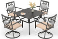 PHI VILLA 5 Pieces Outdoor Dining Set for 4, 37" Black Square Wrought Iron Table with Umbrella Hole & Metal Swivel Chairs with Cushions, Outside Furniture for Patio, Deck, Yard, Porch