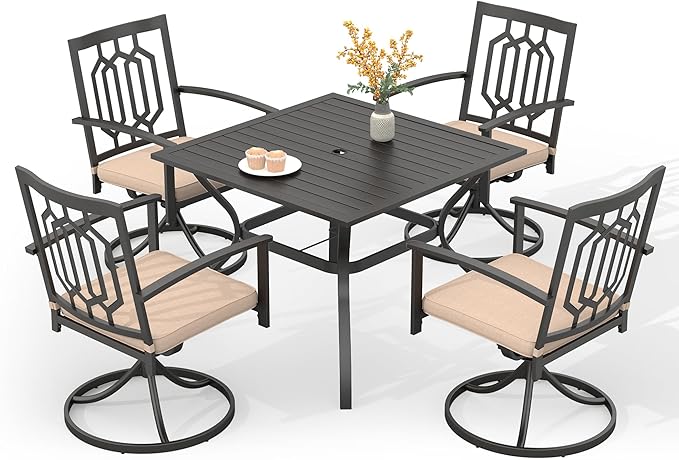 PHI VILLA 5 Pieces Outdoor Dining Set for 4, 37" Black Square Wrought Iron Table with Umbrella Hole & Metal Swivel Chairs with Cushions, Outside Furniture for Patio, Deck, Yard, Porch