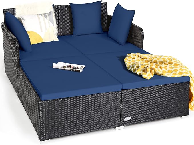 HAPPYGRILL Patio Rattan Daybed Outdoor Loveseat Sofa Set with Padded Cushion Pillows and Sturdy Aluminum Foot Wicker Patio Furniture for Garden Porch Poolside
