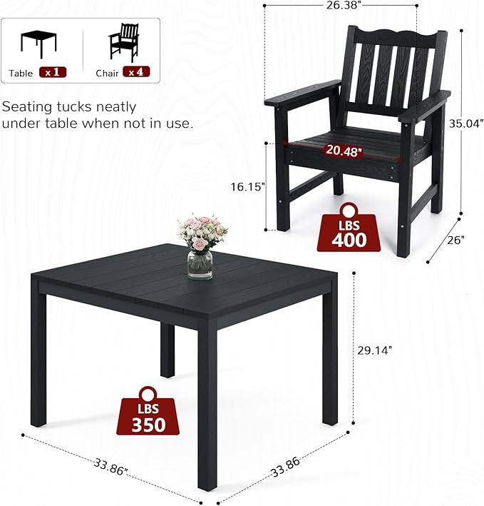 Stoog 5 Pieces Patio Dining Sets, All-Weather HIPS Material & Aluminum Frame Dining Table with Umbrella Hole, Outdoor Dining Table for 4, Never Rot or Fade, Black