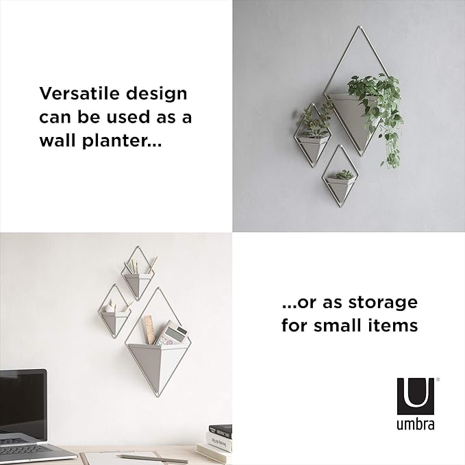 Umbra Trigg Hanging Planter Vase Wall Decor, Set of 2 Pots Containers for Succulents, Cactus, Faux Plants, and More, Small, White/Nickel
