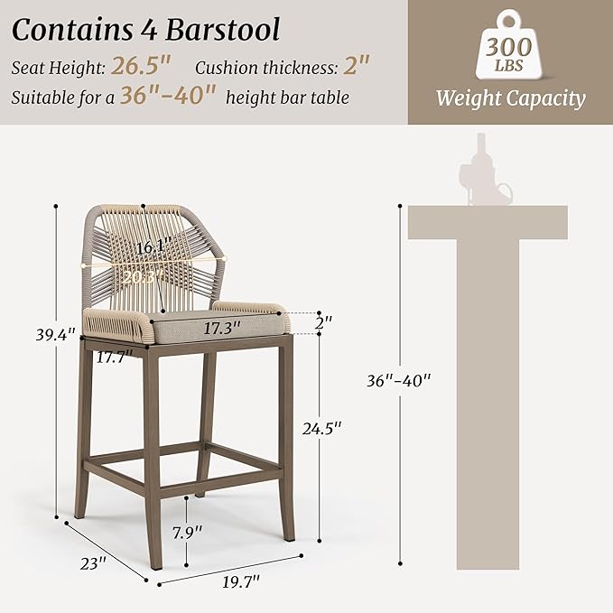 Outdoor Bar Stools, Rattan Outdoor Counter Height Bar Stools Set of 4, 26.5" H Woven Rope Patio Bar Chairs with Aluminum Legs for Kitchen, Yellowish Slate Gray