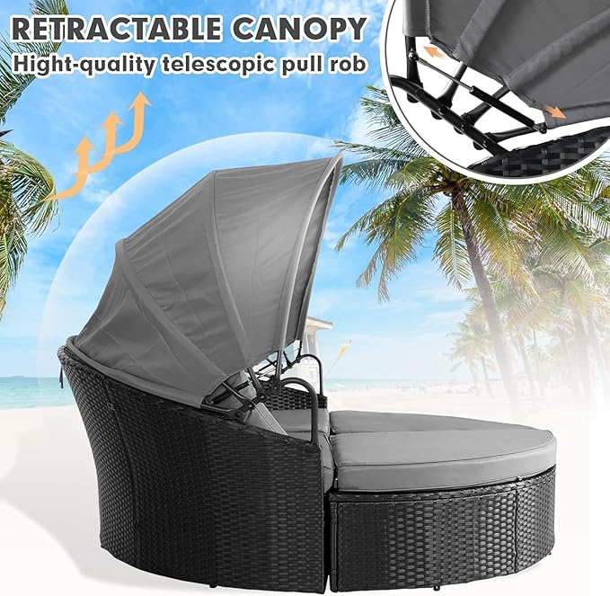 SUNCROWN Outdoor Patio Round Daybed with Retractable Canopy, Black Wicker Furniture Sectional Couch with Washable Cushions, Backyard, Porch