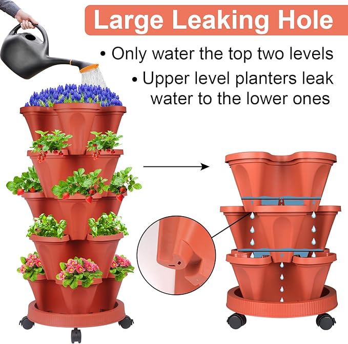 DUNCHATY Stackable Planter with Removable Wheels and Garden Tools, Garden Planting Tower Planters, Indoor Outdoor Gardening Pots - 5 Tier Vertical Planter
