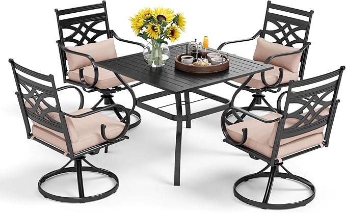 PHI VILLA 5 Pieces Outdoor Dining Set for 4, 37" Square Black Metal Table & Wrought Iron Swivel Chairs, All Weather Large Outside Furniture with Cushions & Pillows for Patio, Deck, Porch