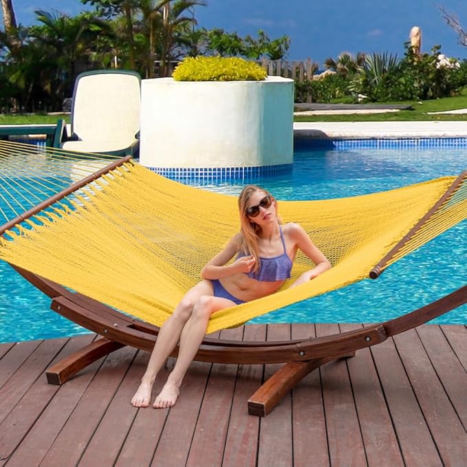 Lazy Daze Hammocks 10.5 FT Double 2 Person Caribbean Rope Hammock, Hand Woven Polyester Hammock with Spreader Bars, for Outside Outdoor Backyard Patio Poolside, 450 LBS Capacity, Yellow