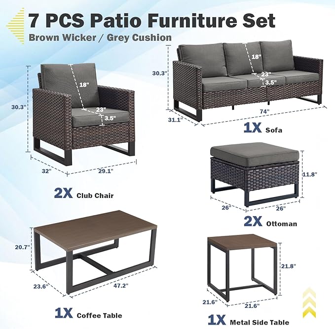 Belord 7 Piece Outdoor Furniture Patio Wicker Sofa Set, Oversize Outdoor Dining Chairs with Rattan Ottomans, Conversation Sets Patio Furniture Come with Removable Washable