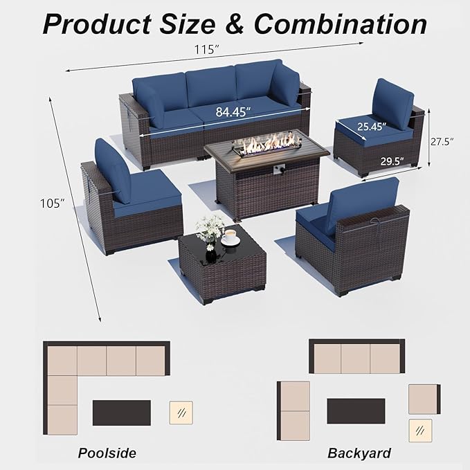 ALAULM Patio Furniture Set with Fire Pit Table 55000 BTU, Outdoor Sectional with Wide Seat and Thick Cushion, 8 Piece Wicker Rattan Conversation Set with Coffee Table for Garden, Deck,NavyBlue
