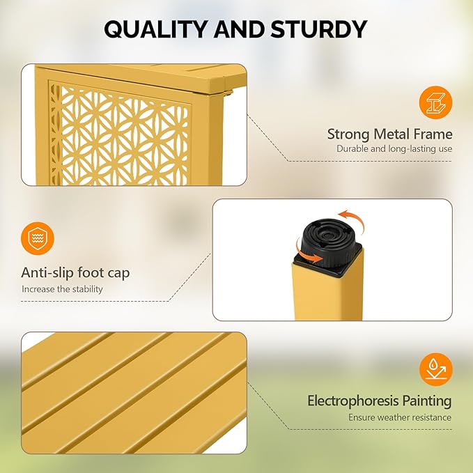 VINGLI 40in Outdoor Metal Bench, All-Weathe Backless Patio Bench with Slatted Seat＆Floral Side Panels, Rust-Resistant Garden Bench, Weatherproof Outdoor Seating for Porch Entryway Backyard (Yellow)