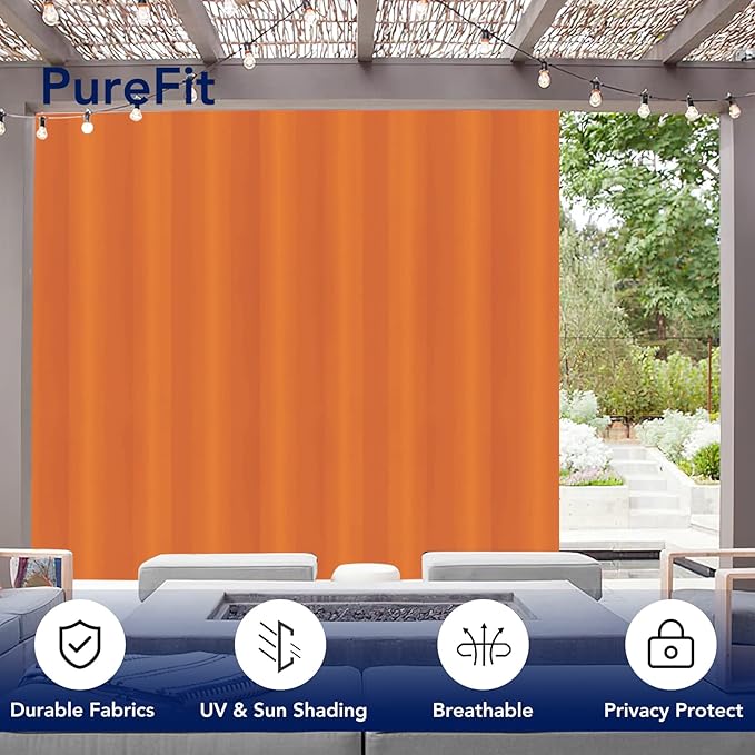 PureFit Outdoor Curtains for Patio Waterproof Weatherproof, UV Resistant Outside Curtains for Gazebo, Front Porch, Pergola, Sun Blocking Privacy Curtain, 120W x 84L inch, 1 Panel, Orange