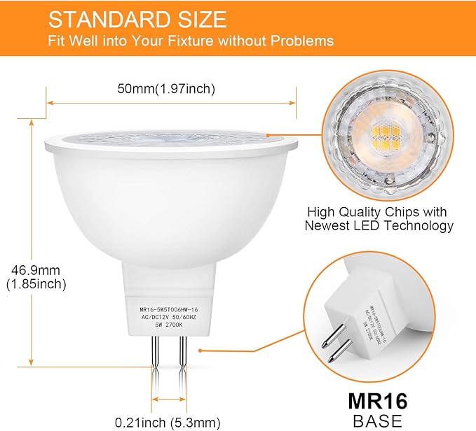 Mlambert 4 Pack MR16 LED Bulbs 50W Halogen Equivalent 2700K,5W GU5.3 MR16 12V Spotlight Bulb,Non-Dimmable,45°Beam Angle for Landscape Track Light Recessed