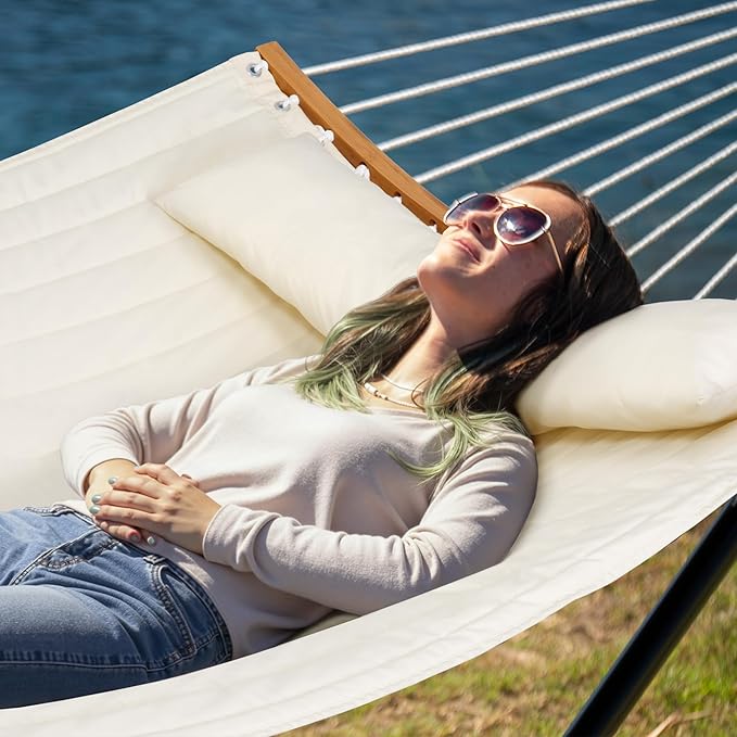 Outdoor Hammock with Stand Included, Two Person Hammock with Curved Spreader Bar, Pillow and Portable Bag, 450 Lbs Capacity, Beige