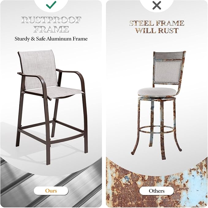 Crestlive Products Outdoor Bar Stools Set of 2, Counter Height Bar Stool All-Weather Patio Furniture with Armrests, Patio Aluminum Bar Stools for Garden Backyard Lawn, 27.5'' Seat Height (Beige)