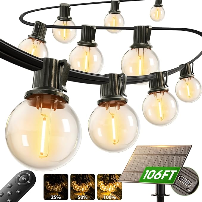 addlon 100FT Solar String Lights Outdoor with Remote, 54 LED Shatterproof Bulbs, Dimmable & Timable, 3 Light Modes, G40 Waterproof Solar String Lights for Outside Backyard Party Decor