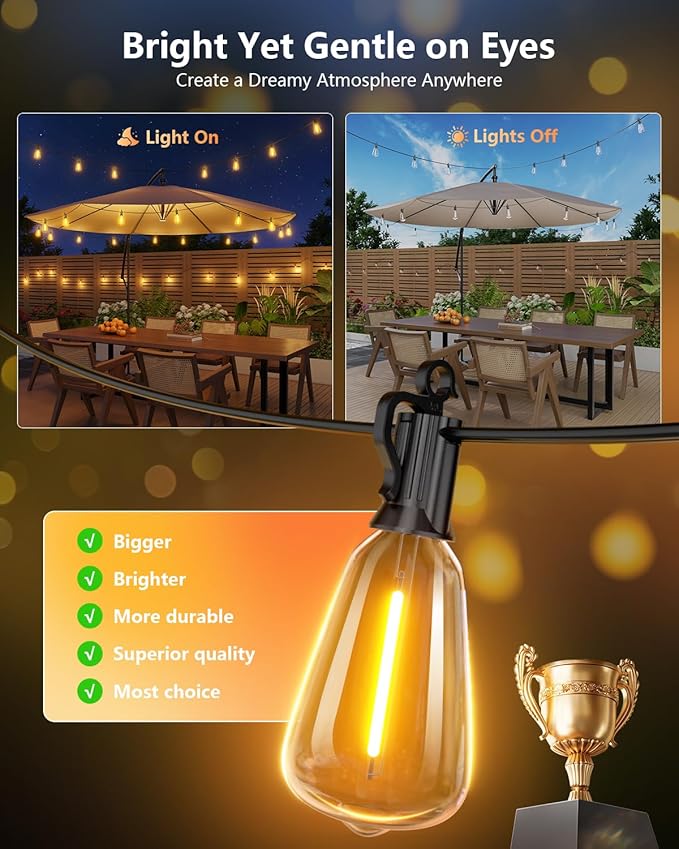 Brightown 37FT Solar String Lights Outdoor Waterproof with Remote, 10+1 LED Shatterproof Bulbs, Dimmable & Timable, 3 Light Modes - Commercial Grade Patio Lights for Garden Backyard Party Decor