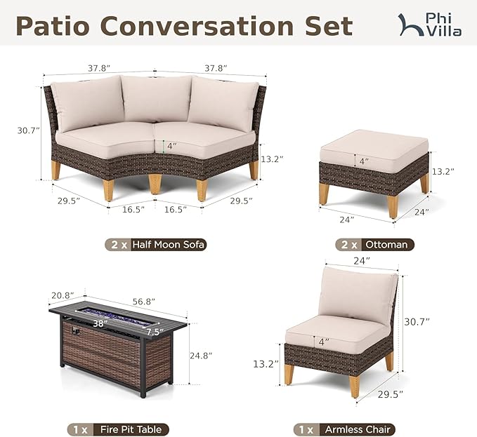 PHI VILLA 6-Piece Wicker Patio Furniture Set with Fire Pit Table, Outdoor Half-Moon Curved Sectional Sofa with Cushions, 56” Gas Fire Pit Table and Ottomans, Beige